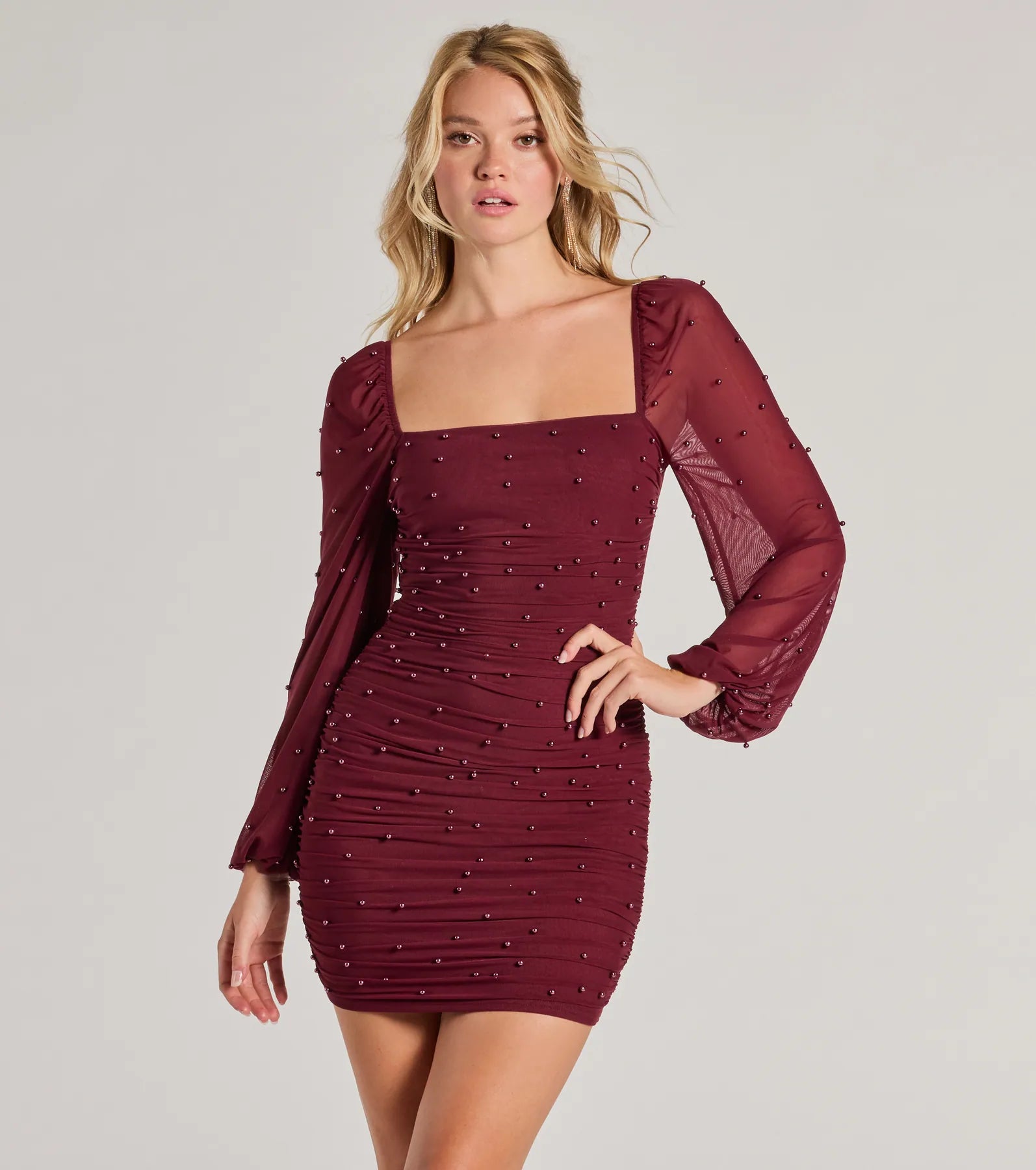 Lovely Vibe Pearl Mesh Long Sleeve Mini Dress Trendy Floral Mini Dress