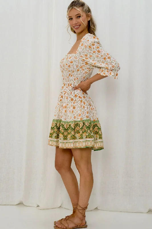 Marla Shirred Mini Dress - Orange/Green Chic Bohemian Mini Dress