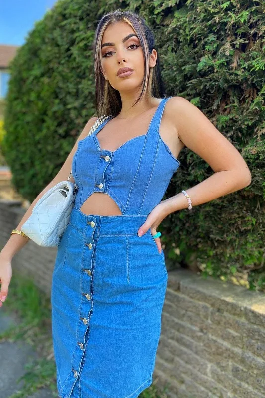 Mid Blue Cut Out Button Front Denim Mini Dress - Saphia Stylish Ruffle Mini Dress