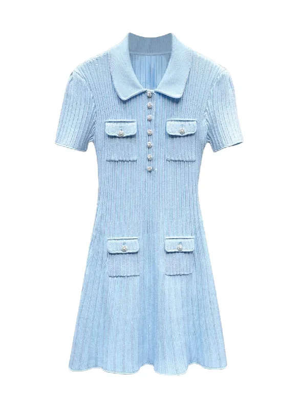 O240017 Short Sleeve Knitted Mini Dress *Blue Chic Sleeveless Mini Dress