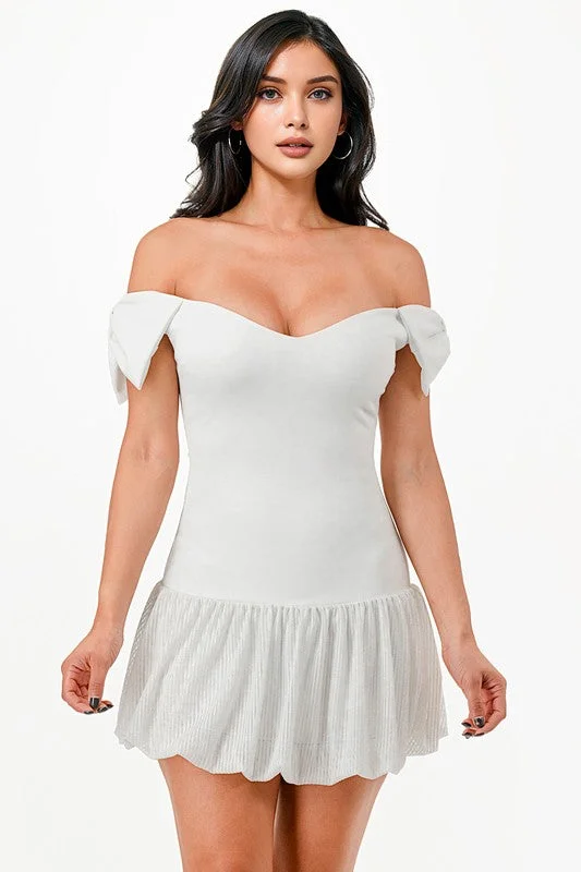 Off Shoulder Bubble Hem Glitter Skirt Mini Dress Comfortable Smocked Mini Dress