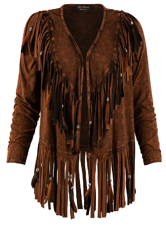 Pat Dahnke Dark Brown Fringe Jacket Welt Pockets Slit Pockets Flap Pockets