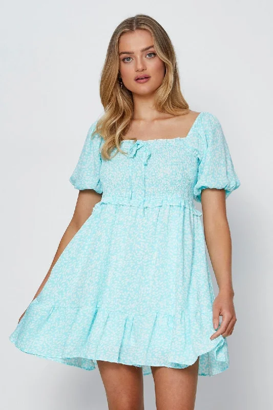Print Mini Dress Square Neck Trendy Floral Mini Dress