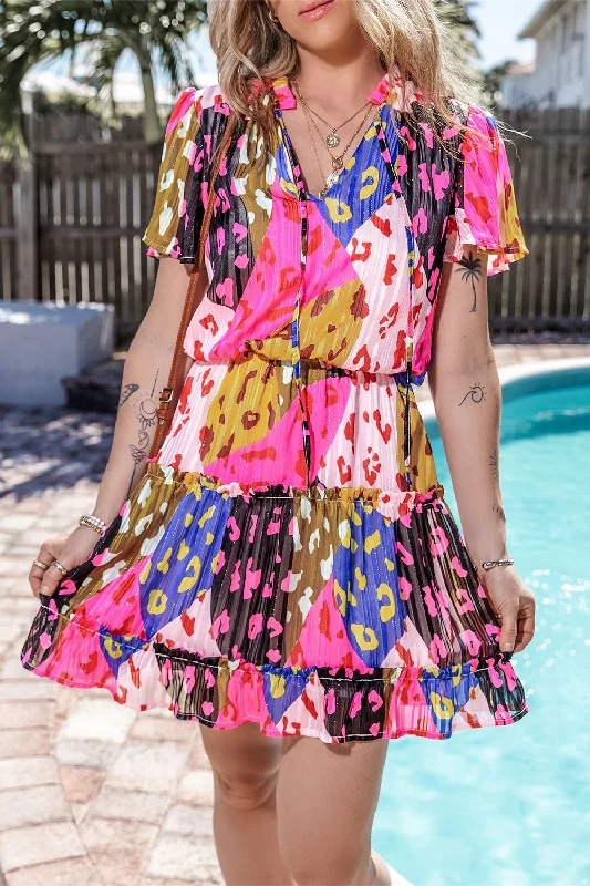 Printed Tie Neck Short Sleeve Mini Dress Fashionable Mini Dress with Slits