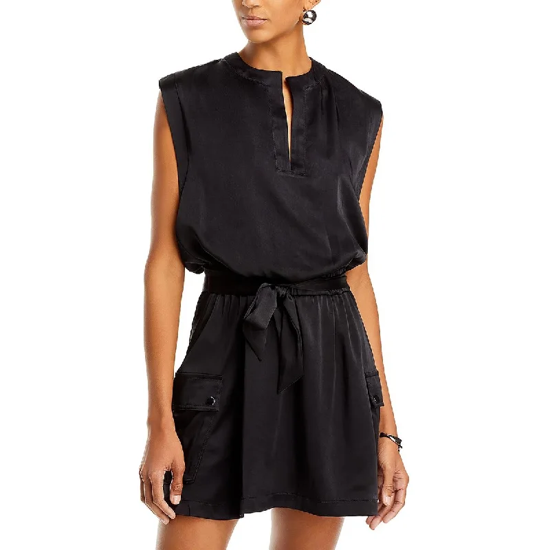 Ramy Brook Womens Addison Satin Split Neck Mini Dress Trendy Tie-Dye Mini Dress