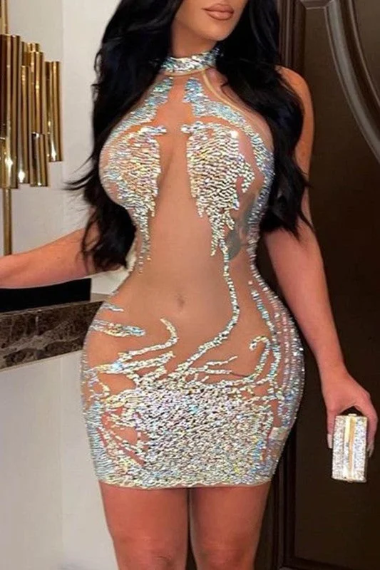 Rhinestone Party Mini Dress Fashionable Party Mini Dress