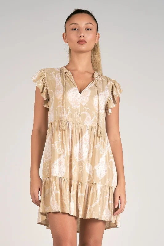 Ruffle Sleeve V-Neck Tiered Mini Dress - Taupe Comfortable Bodycon Mini Dress