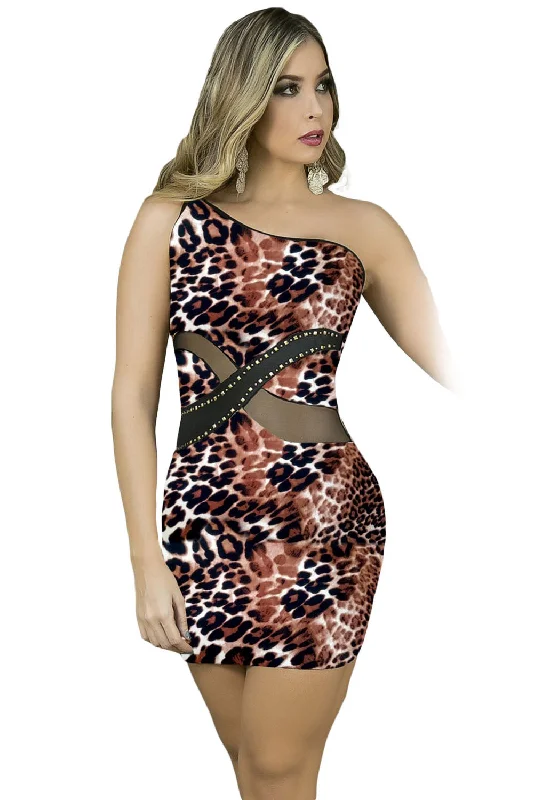 Sexy One Shoulder Leopard Nightclub Mini Dress Fashionable Off-Shoulder Mini Dress