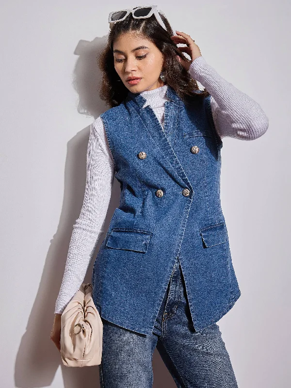 Women Blue Denim Flap Pocket Sleeveless Jacket Nylon Fabric Polyester Fabric Spandex Fabric Women Blue Denim Flap Pocket Sleeveless Jacket Nylon Fabric Polyester Fabric Spandex Fabric