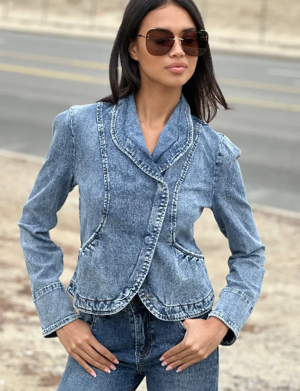 Short Riding Denim Jacket Front Pockets Side Pockets Patch Pockets