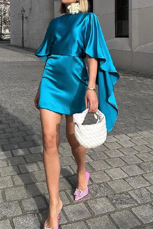 storexq Solid Color Elegant Cape Sleeve Irregular Mini Dress Classic Solid Mini Dress