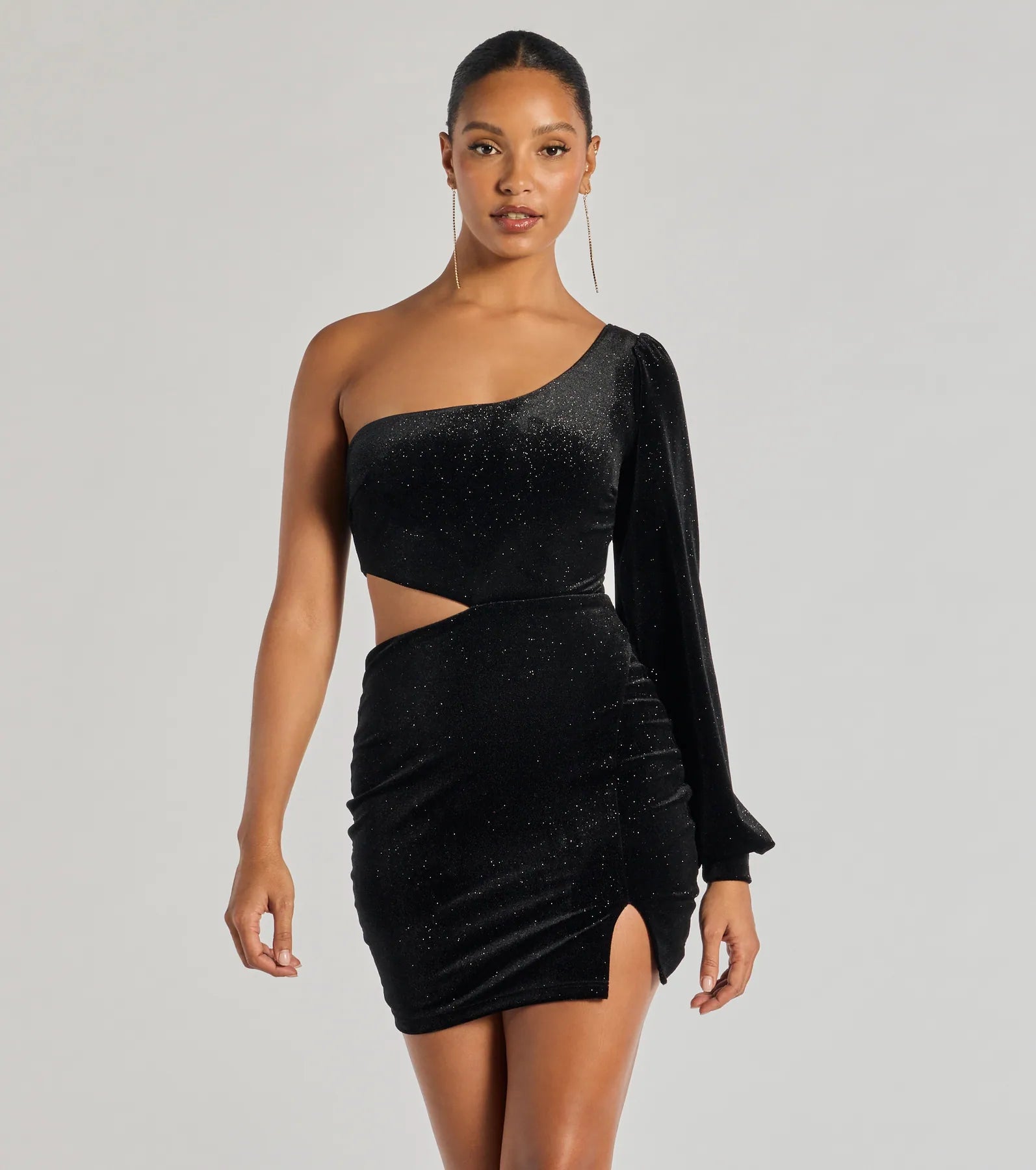 Spotlight Shine Long Sleeve Velvet Glitter Mini Dress Comfortable Fit-and-Flare Mini Dress
