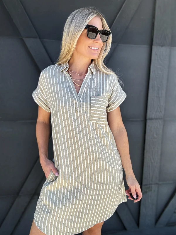 Striped Collared Mini Dress In Olive Fashionable Mini Dress with Pockets