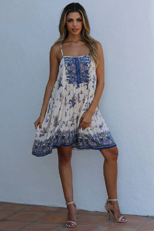 Sweet Flowy Mini Dress ~ Cream & Blue Stylish Summer Mini Dress
