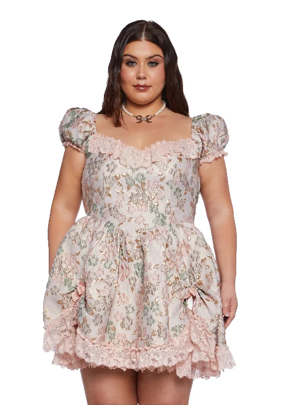 Plus Tea And Circumstance Brocade Mini Dress - Pink Stylish Short-Sleeve Mini Dress