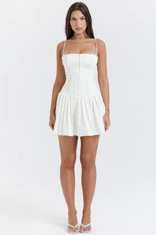 Vacay Sensibility White Pleated Mini Dress Elegant Off-Shoulder Dress Mini
