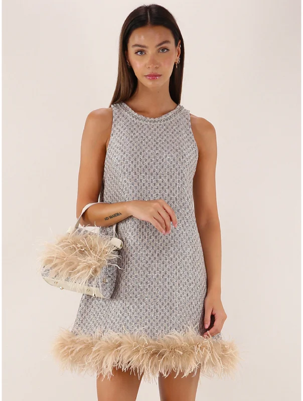 Vienna Mini Dress with Feather Boa Trendy Mesh Mini Dress