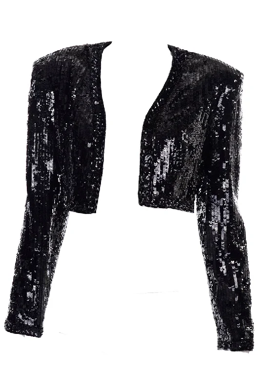 1990s Fabrice Silhouette Beaded & Sequin Cropped Black Evening Jacket Faux Fur Jacket Real Fur Jacket Shearling Jacket 1990s Fabrice Silhouette Beaded & Sequin Cropped Black Evening Jacket Faux Fur Jacket Real Fur Jacket Shearling Jacket