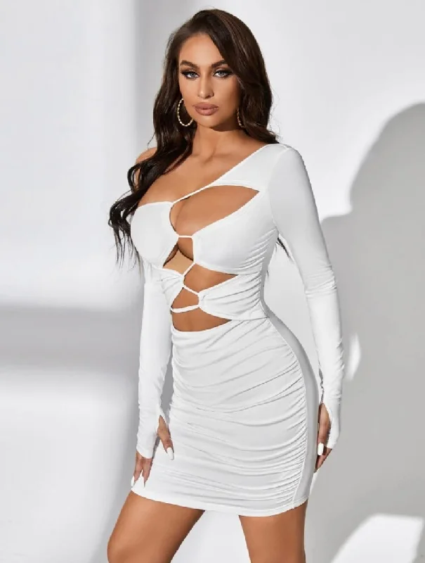 KADY WHITE ASYMMETRIC NECK CUT OUT BODYCON MINI DRESS Comfortable Polka Dot Mini Dress KADY WHITE ASYMMETRIC NECK CUT OUT BODYCON MINI DRESS Comfortable Polka Dot Mini Dress