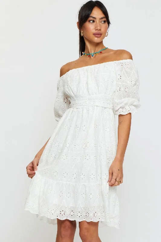 White Mini Dress Off Shoulder Elegant Floral-Print Mini Dress