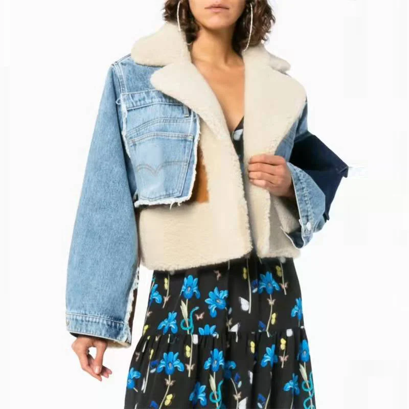 Wholesale thickened short motorcycle lamb and denim jacket (CL9537) Knit Fabric Woven Fabric Fleece Fabric Wholesale thickened short motorcycle lamb and denim jacket (CL9537) Knit Fabric Woven Fabric Fleece Fabric