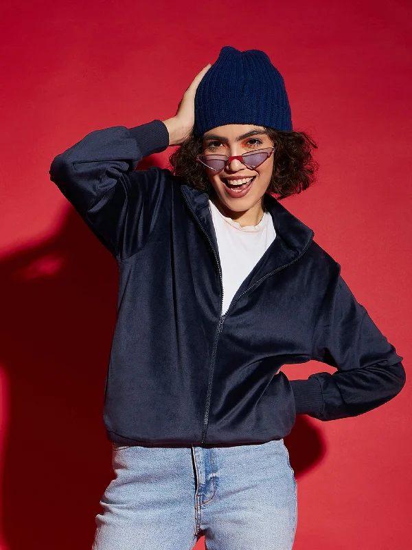 Women Navy Velour Zipper Jacket Rayon Fabric Velvet Fabric Corduroy Fabric