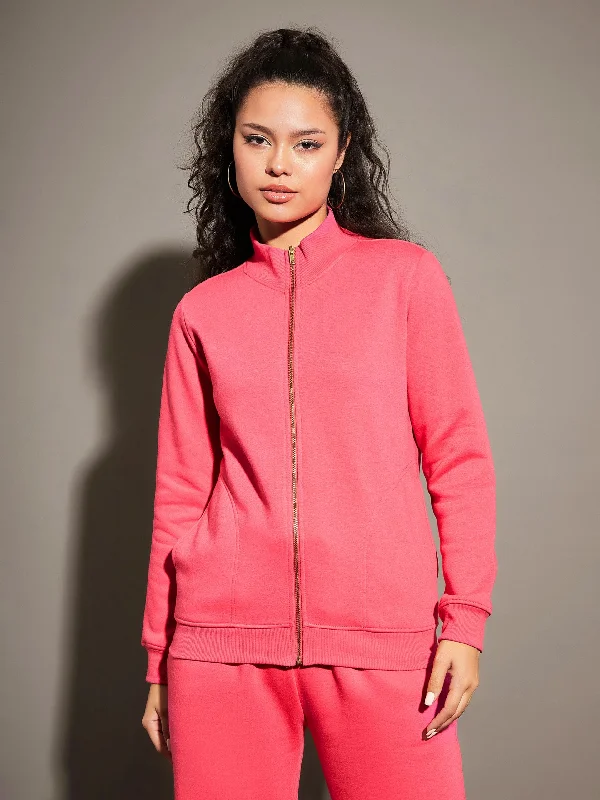Women Pink Fleece Zipper Jacket Jacket Blazer Coat