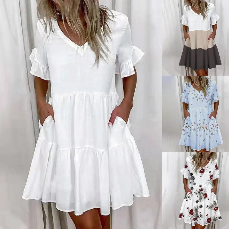 Women Ruffles Mini Dress Elegant  A-Line Sexy V Neck Floral Print Vintage Dresses Female Loose Pocket Casual Party Vestidos Trendy Floral Mini Dress