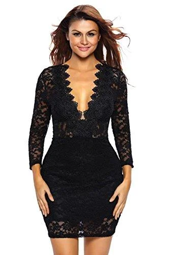 Women's Hollow Out Lace V Neck Clubwear Mini Dress by Roswear, Color - Black Classic White Mini Dress Women's Hollow Out Lace V Neck Clubwear Mini Dress by Roswear, Color - Black Classic White Mini Dress