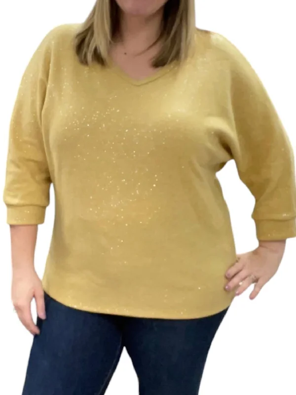 3/4 Sleeve Dolman Sparkly Sweater In Mustard Fleece Fabric Down Fabric Feather Fabric