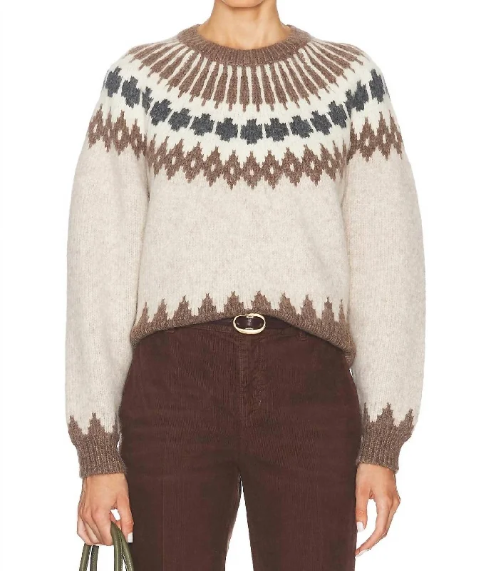 Alena Sweater In Oatmeal Fairisle Real Fur Shearling Chenille