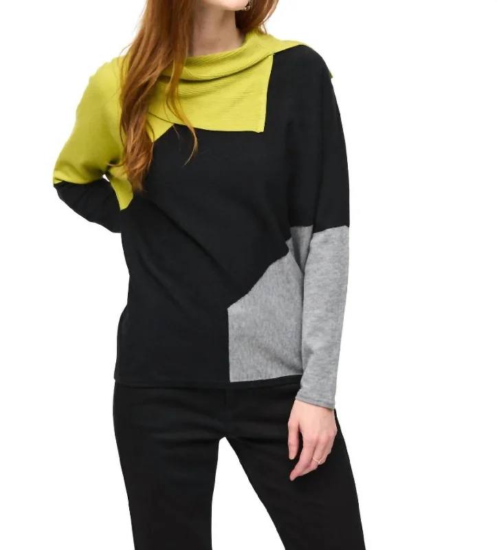 Asymmetrical Sweater In Wasabi/black/grey Melange Velvet Chenille Corduroy