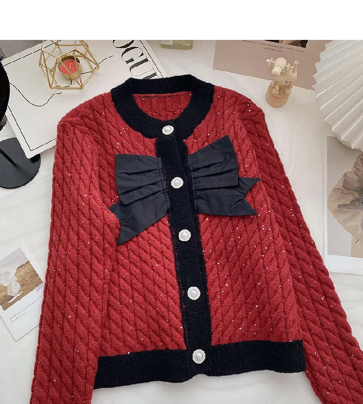 Bow knot small fragrance round neck color matching twist sweater 6064 Real Fur Shearling Chenille Bow knot small fragrance round neck color matching twist sweater 6064 Real Fur Shearling Chenille