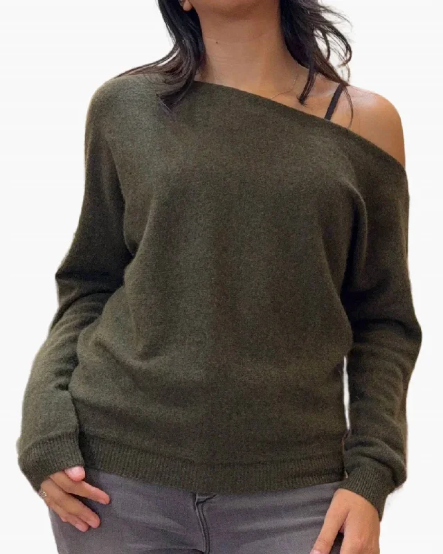 Cashmere Off The Shoulder Sweater In Army Lace Blend Ribbed Blend Corduroy Blend
