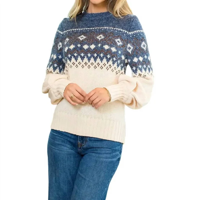 Color Block Sweater In Blue/ivory Faux Fur Fabric Real Fur Fabric Shearling Fabric