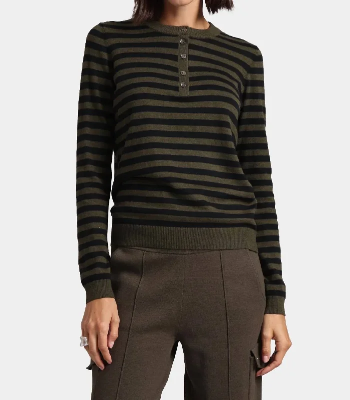 Cotton Cashmere Striped Henley Sweater In Army/black Ribbed Striped Patterned