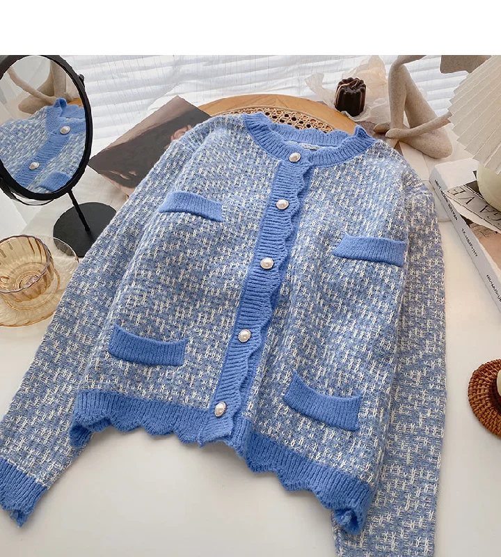Crew neck color matching single breasted sweater coat 6085 Zippered Buttoned Snapped Crew neck color matching single breasted sweater coat 6085 Zippered Buttoned Snapped