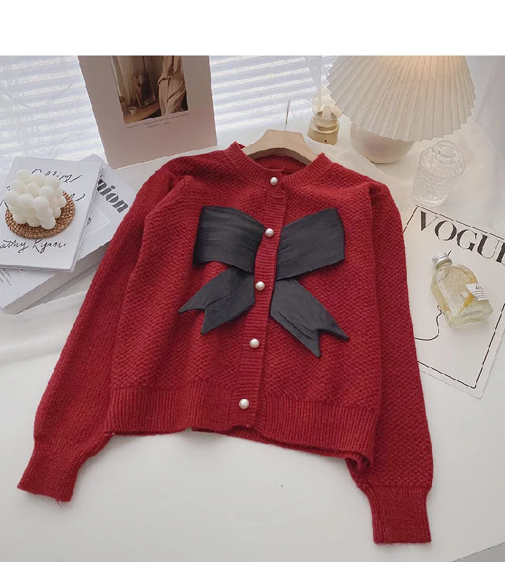 Crew neck stitched French Vintage bow sweater  5929 Fleece Fabric Down Fabric Feather Fabric