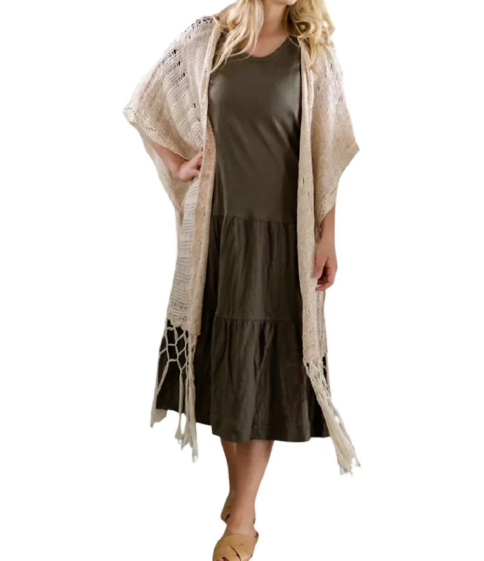 Crochet Knit Fringe Sweater In Natural Print Jacquard Patchwork