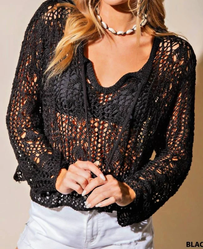 Crochet Pullover Sweater In Black Print Jacquard Patchwork