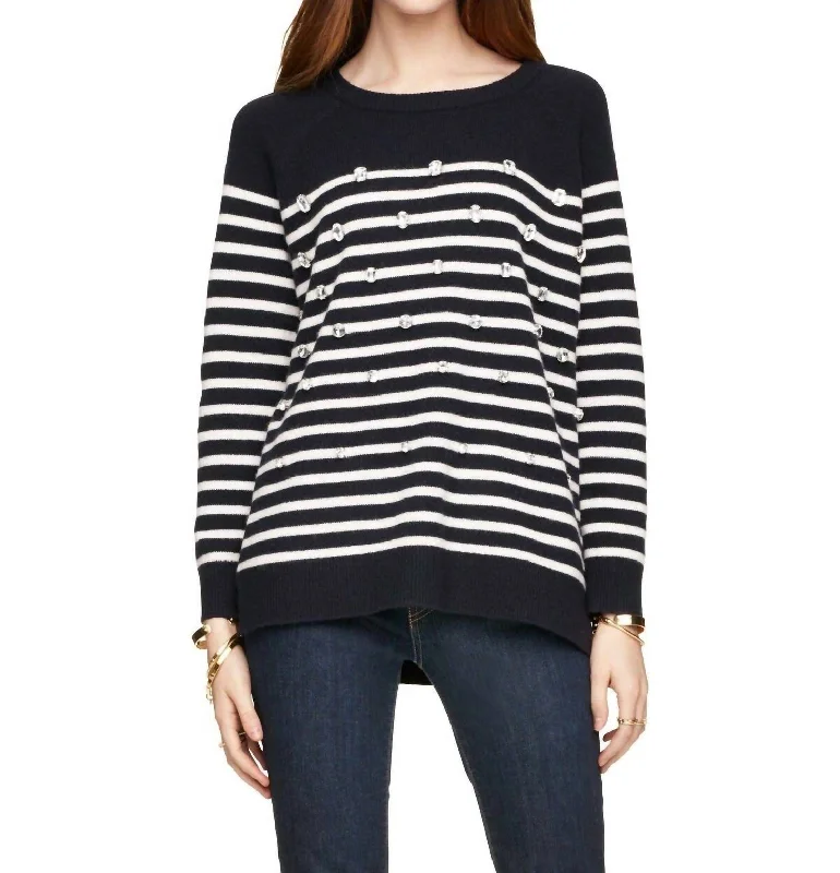 Crystal Embellished Stripe Merino Wool Pullover Sweater In Blue Satin Fabric Silk Fabric Chiffon Fabric Crystal Embellished Stripe Merino Wool Pullover Sweater In Blue Satin Fabric Silk Fabric Chiffon Fabric