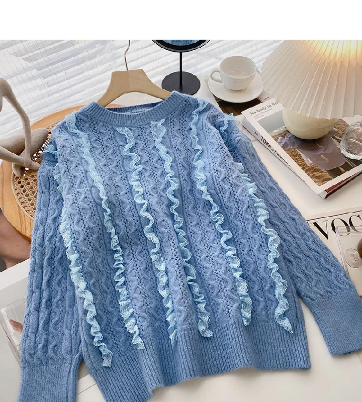 Design sense wavy lace sweater loose sweet crew neck top 6088 Transparent Opaque Sheer Design sense wavy lace sweater loose sweet crew neck top 6088 Transparent Opaque Sheer