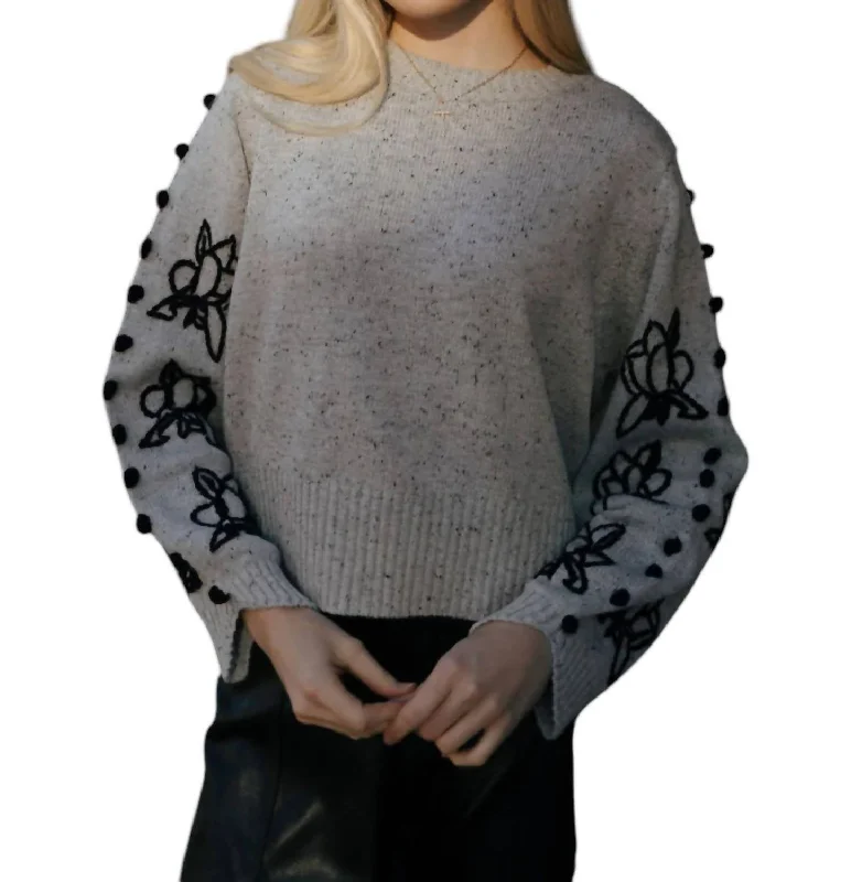 Embroidered Sleeve Sweater In Grey Elasticated Padded Insulated