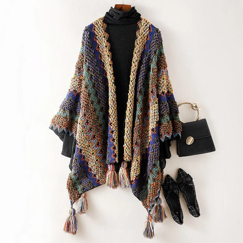 Ethnic Style Retro Literary Cloak Scarf Warm Women's Sweater Shawl Cloak Coat Tassel Jacquard Knitted Cardigan Women's Warm Shawl Coat Modern Contemporary Chic Ethnic Style Retro Literary Cloak Scarf Warm Women's Sweater Shawl Cloak Coat Tassel Jacquard Knitted Cardigan Women's Warm Shawl Coat Modern Contemporary Chic
