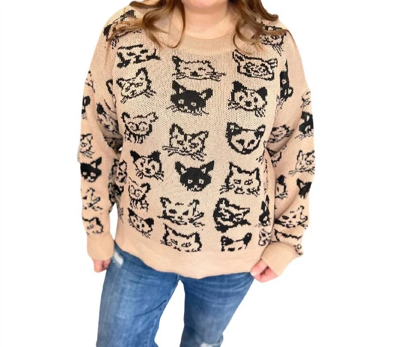 Feline Fine Sweater In Natural Heather Solid Color Striped Floral Print