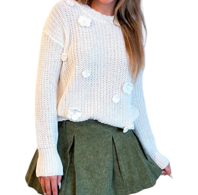 Floral Cable Cozy Sweater In White Boat Neck Shawl Collar Notched Collar