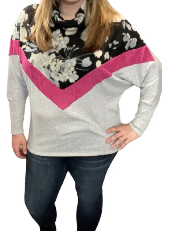 Floral Chevron Cowlneck Sweater In Black/grey Cable Knit Ribbed Knit Lace Knit