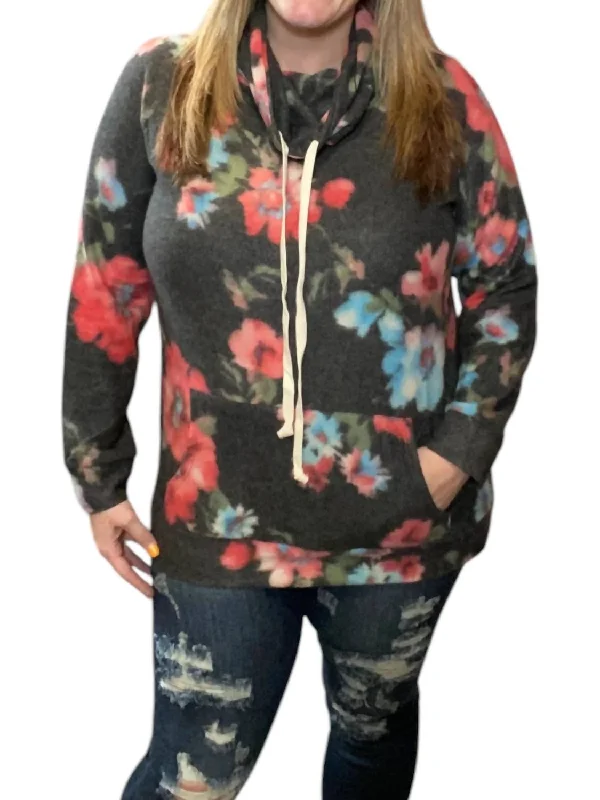 Floral Cowlneck Sweater In Coral/black Knit Fabric Woven Fabric Fleece Fabric