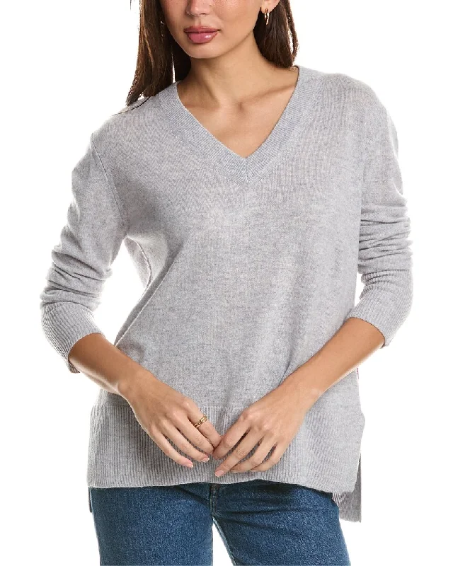 Forte Cashmere High-Low Seamed V-Neck Cashmere Sweater Tailored Straight A-Line