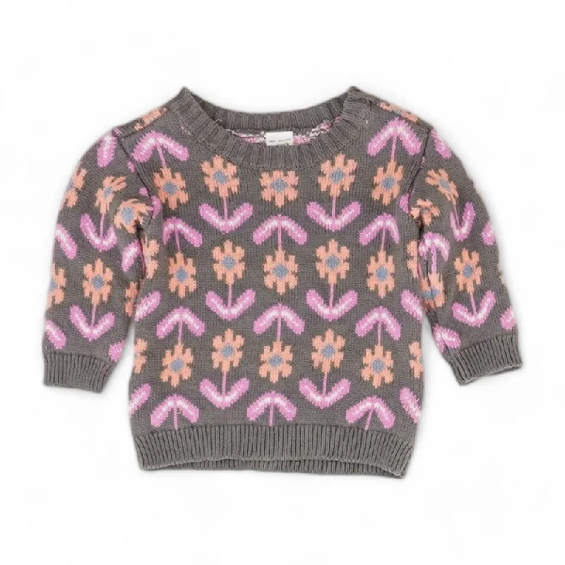 Gray Floral Crewneck Sweater Elasticated Padded Insulated